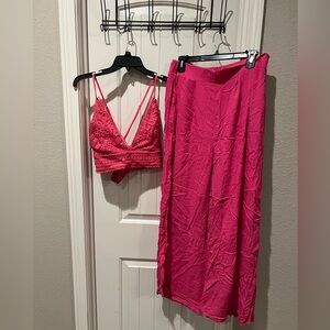 NWOT 2pc embroidered boho crop top and pants Vibrant Pink Lace Bralette sz XL